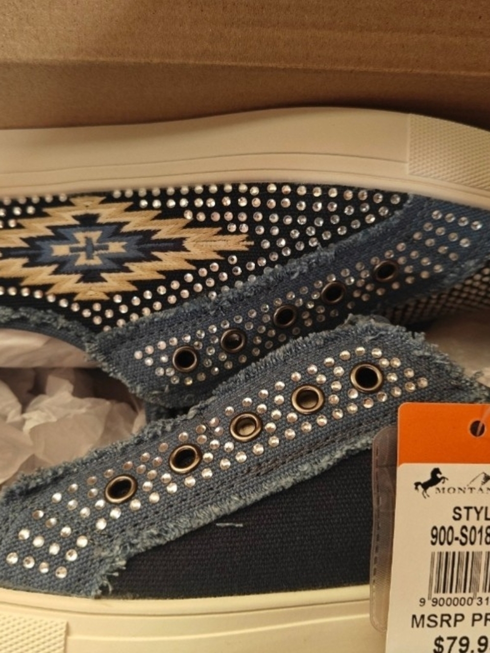Montana West Denim Slip-On Sneakers with Rhinestone Aztec Accent - Blue Size 7